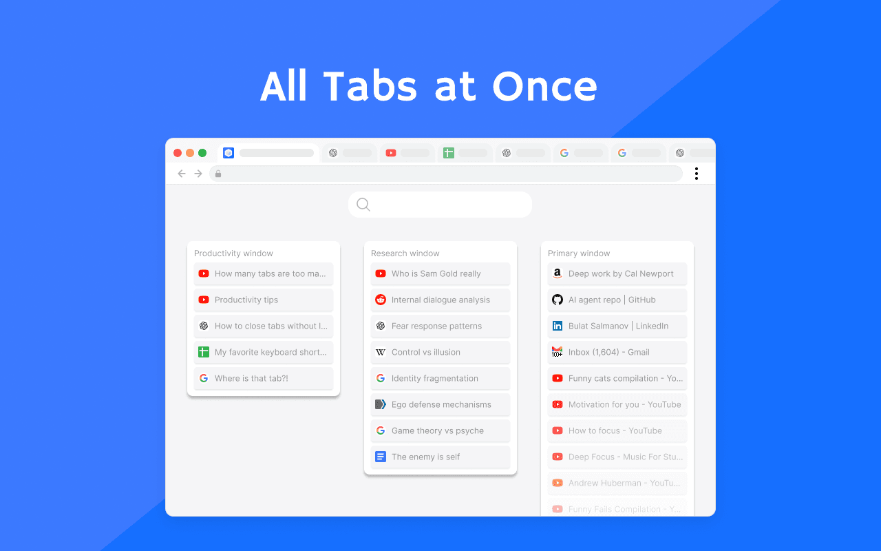 Tab Manager overview showing all tabs at once.